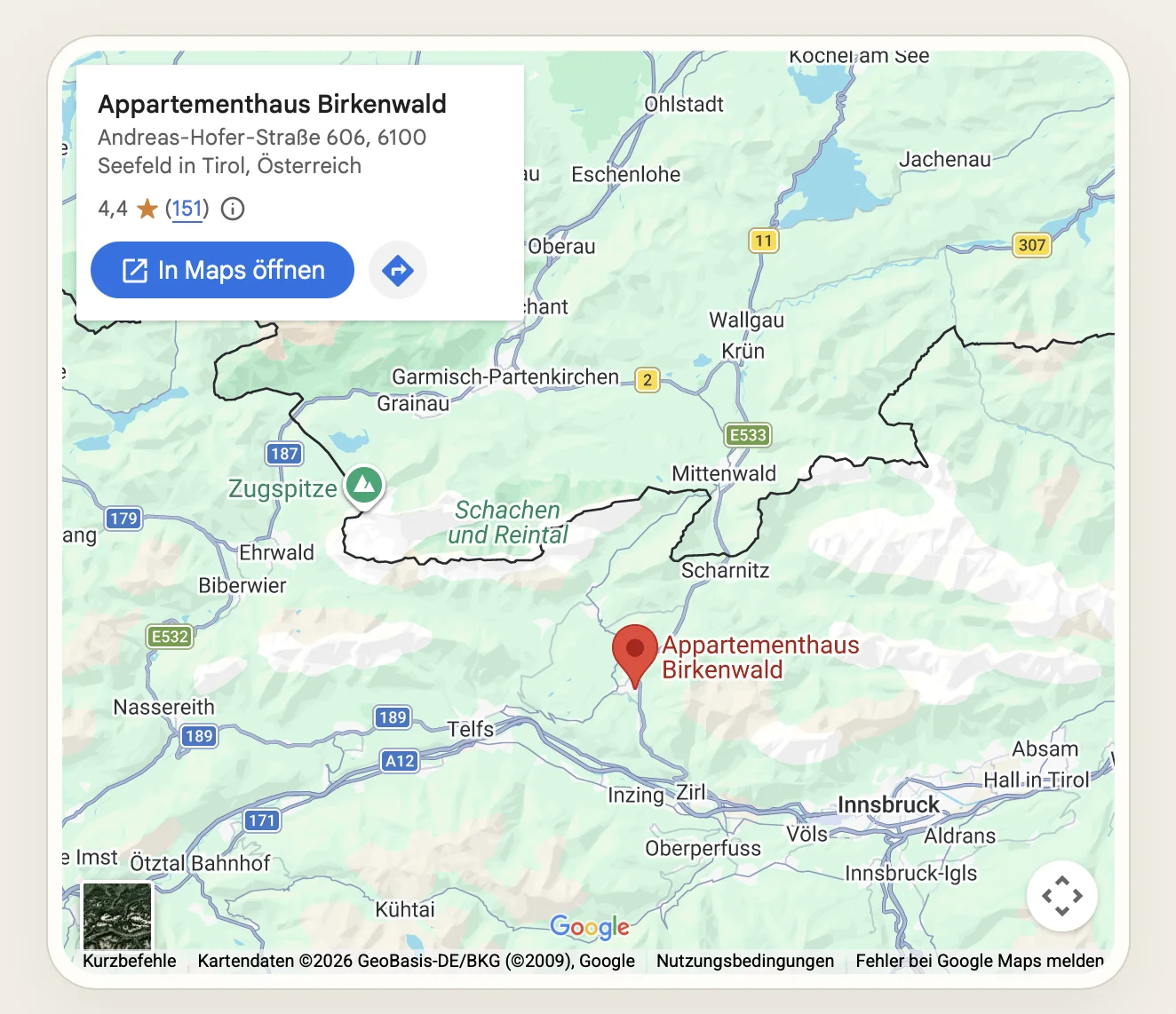 Google-Maps-Kartenausschnitt mit Appartementhaus Birkenwald zwischen Garmisch-Partenkirchen und Innsbruck