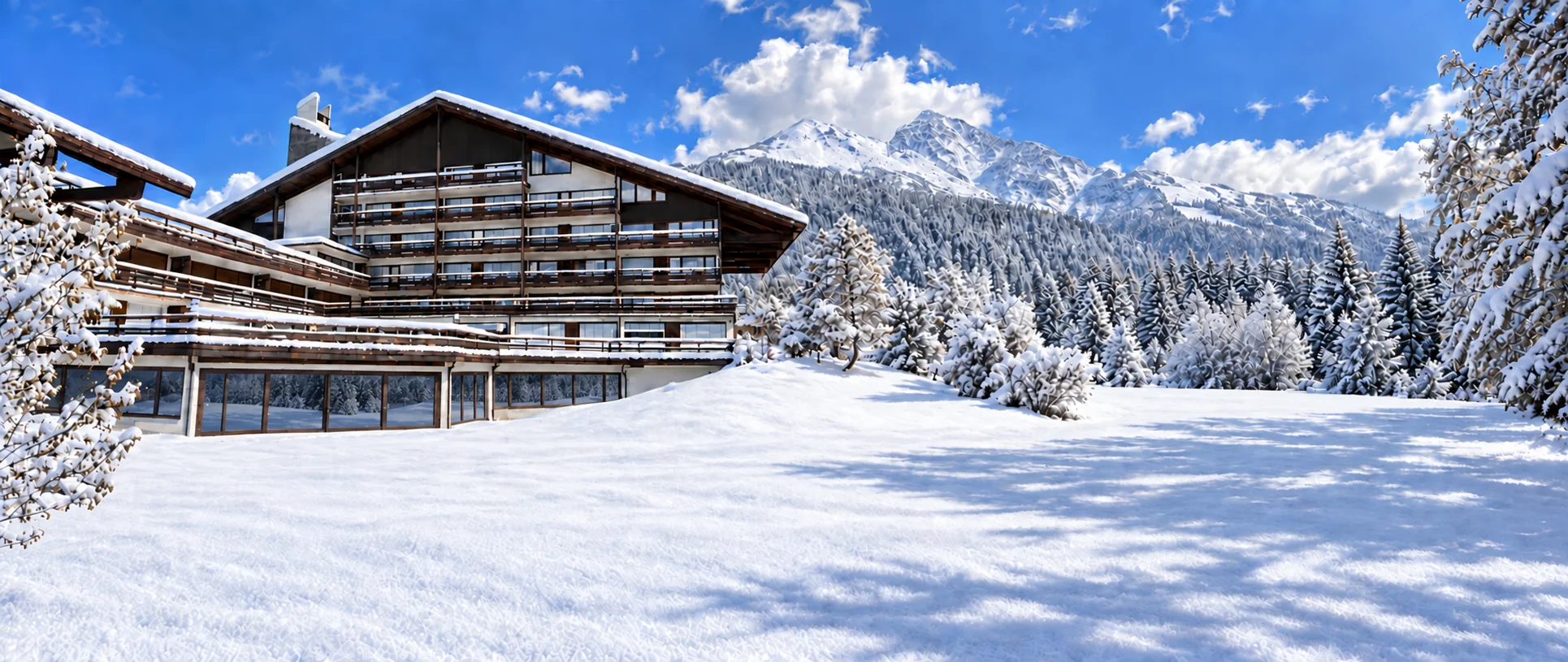 Verschneites Appartementhaus Birkenwald – KI-generierte Winteransicht