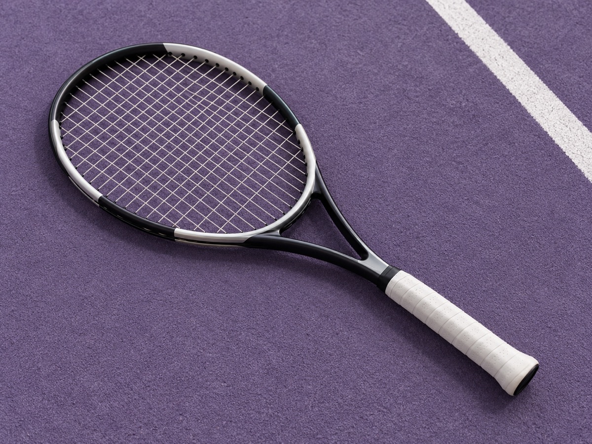 Tennisschläger auf violettem Hallenboden – KI-generiertes Symbolbild